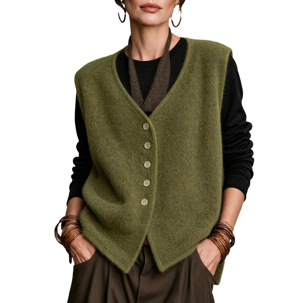 Women's V-Neck Sleeveless Fuzzy Knit Sweater Vest Loose Fit Button Front for Casual Wear