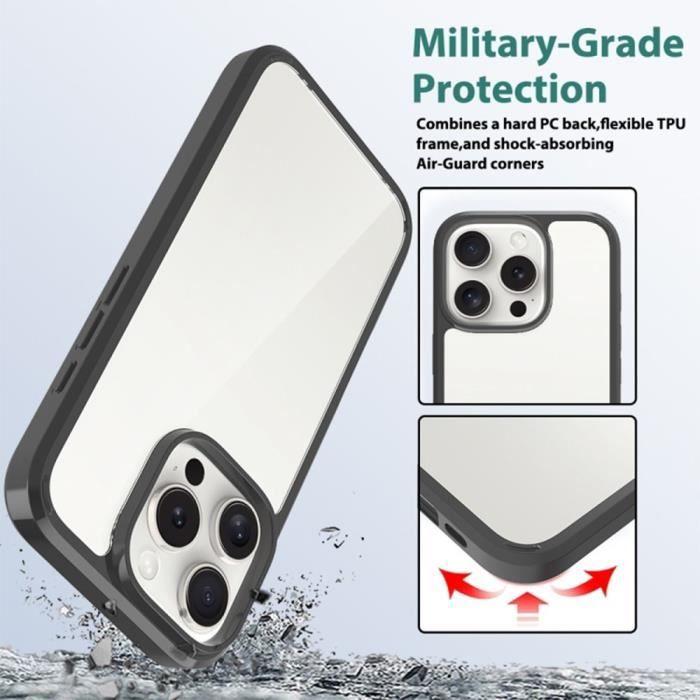 Coque pour iPhone 16 Pro - Protection Antichoc Silicone Noir avec Dos Transparent en PC