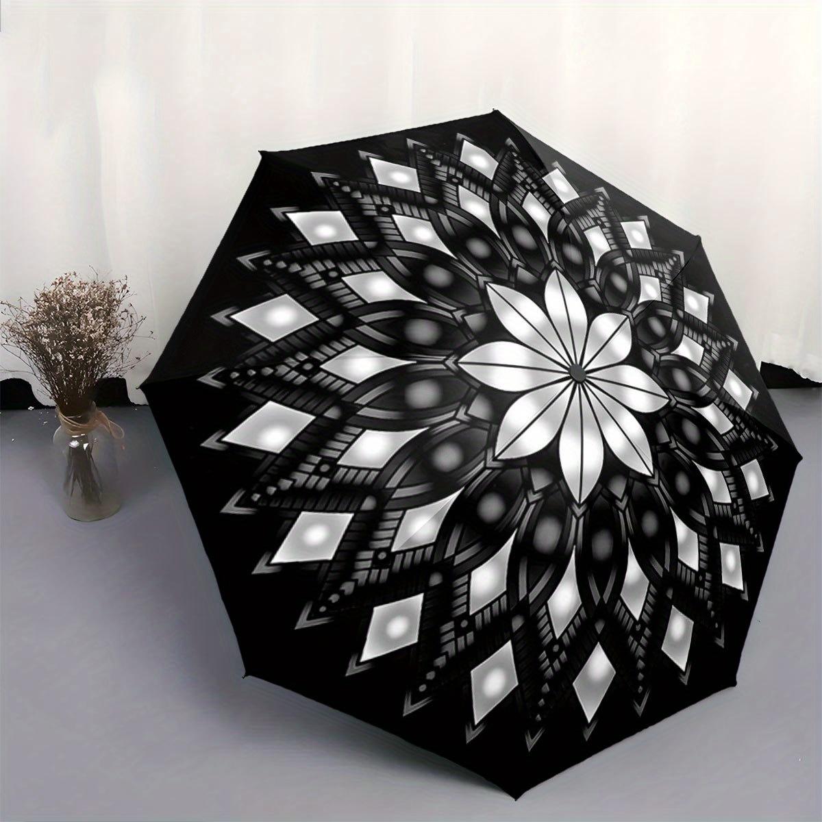 

Automatic Open/Close Umbrella with One-Touch Button - Compact Folding Umbrella, Black & White Geometric Mandala Pattern, Porta Iron&8K
