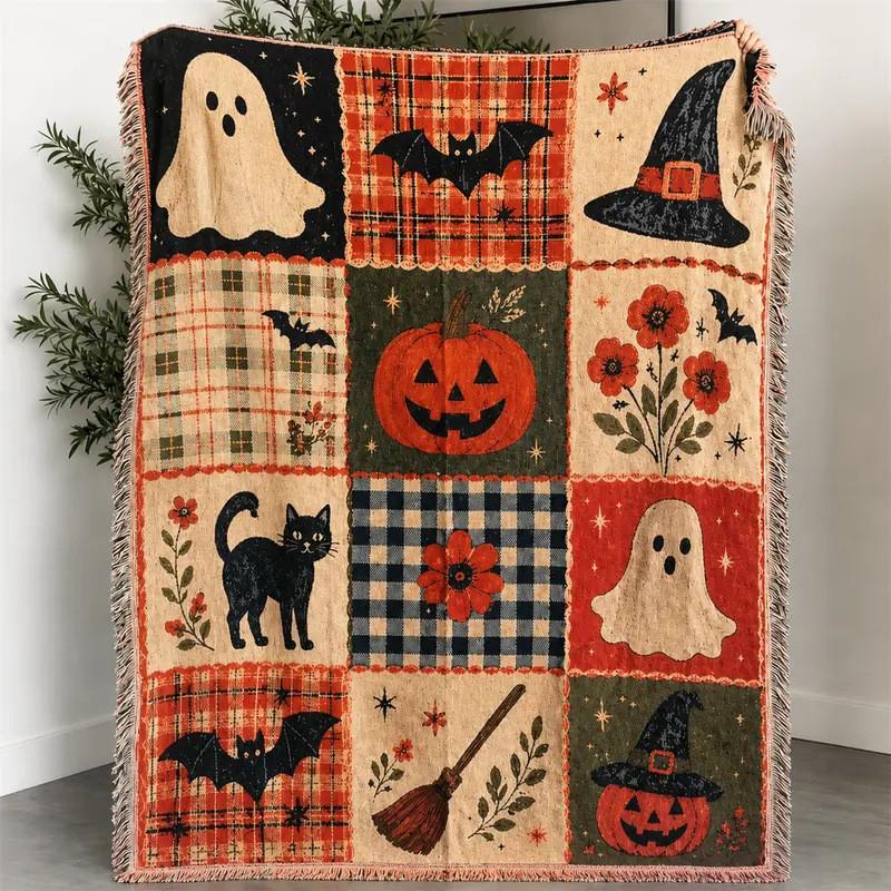 Koc Halloweenowy z Dynią i Duchem, z Wzorem Kreskówkowym, do Salonu i na Kemping