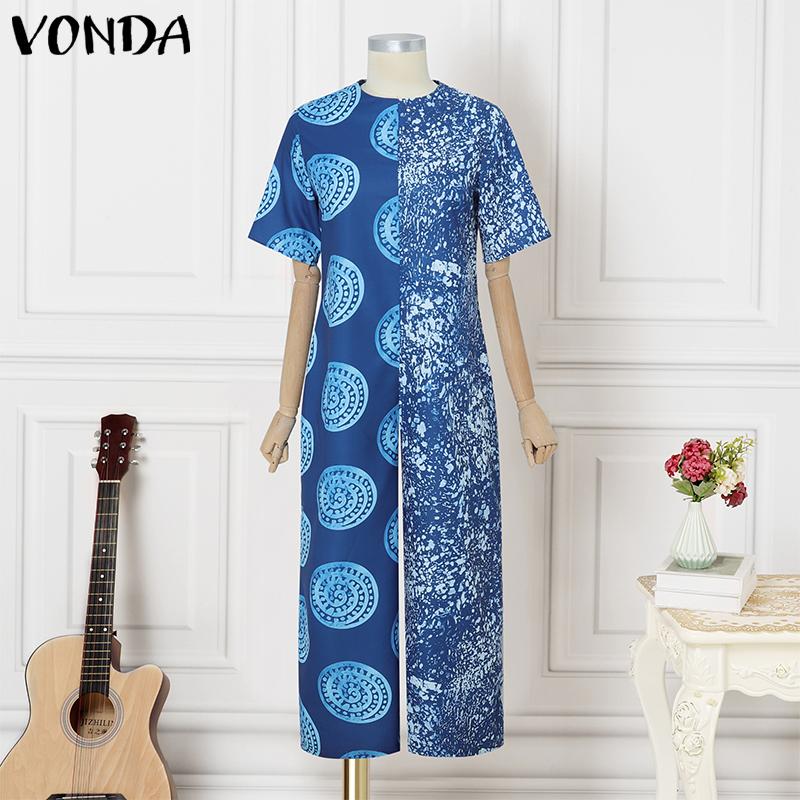 VONDA Oversized Women O-Neck Short Sleeve Stitching Print Casual Long Jumpsuits Rompers