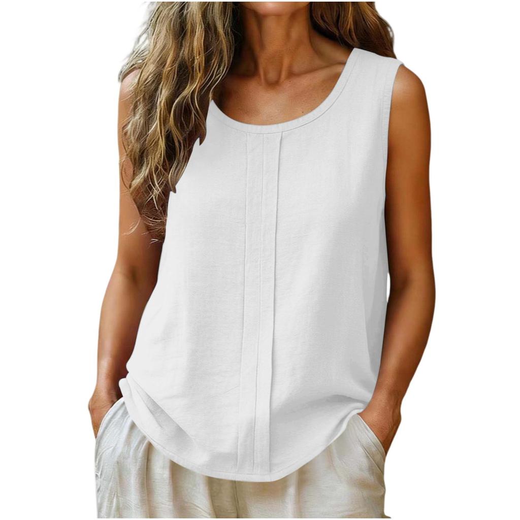 Women Sleeveless Linen Cotton Casual Tank Top Loose Fit Round Neck Lightweight Blouse for Summer Daily Wear