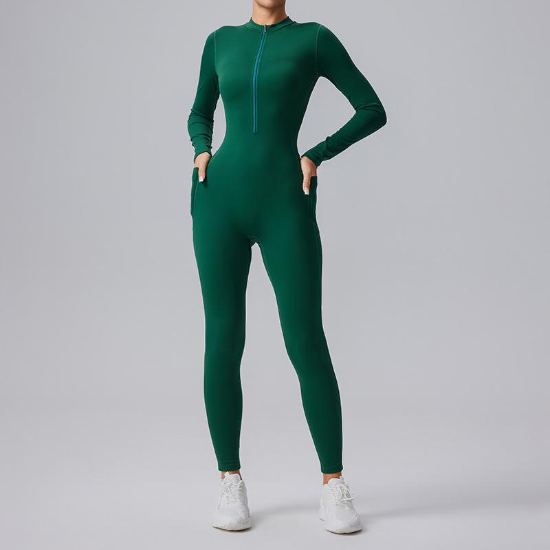 Přeshraniční zeštíhlující jógový overal na zip do poloviny - pocit nahoty, jednodílný oděv na tanec a fitness