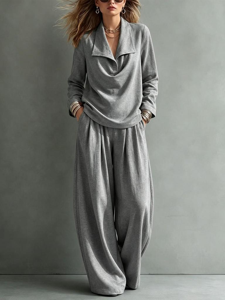 European & American Women's Autumn/Winter Lapel Hoodie Set with Pocket Long Pants