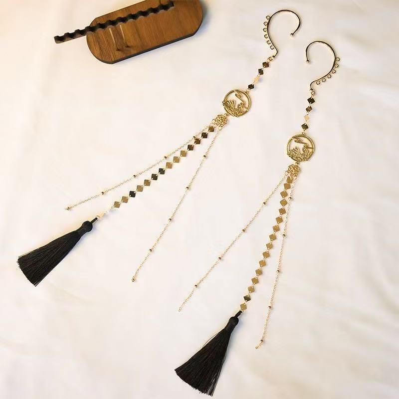 Mountain Ghost Flower Copper Coin Earrings with Tassels - Unisex Hanfu Style Ear Cuffs