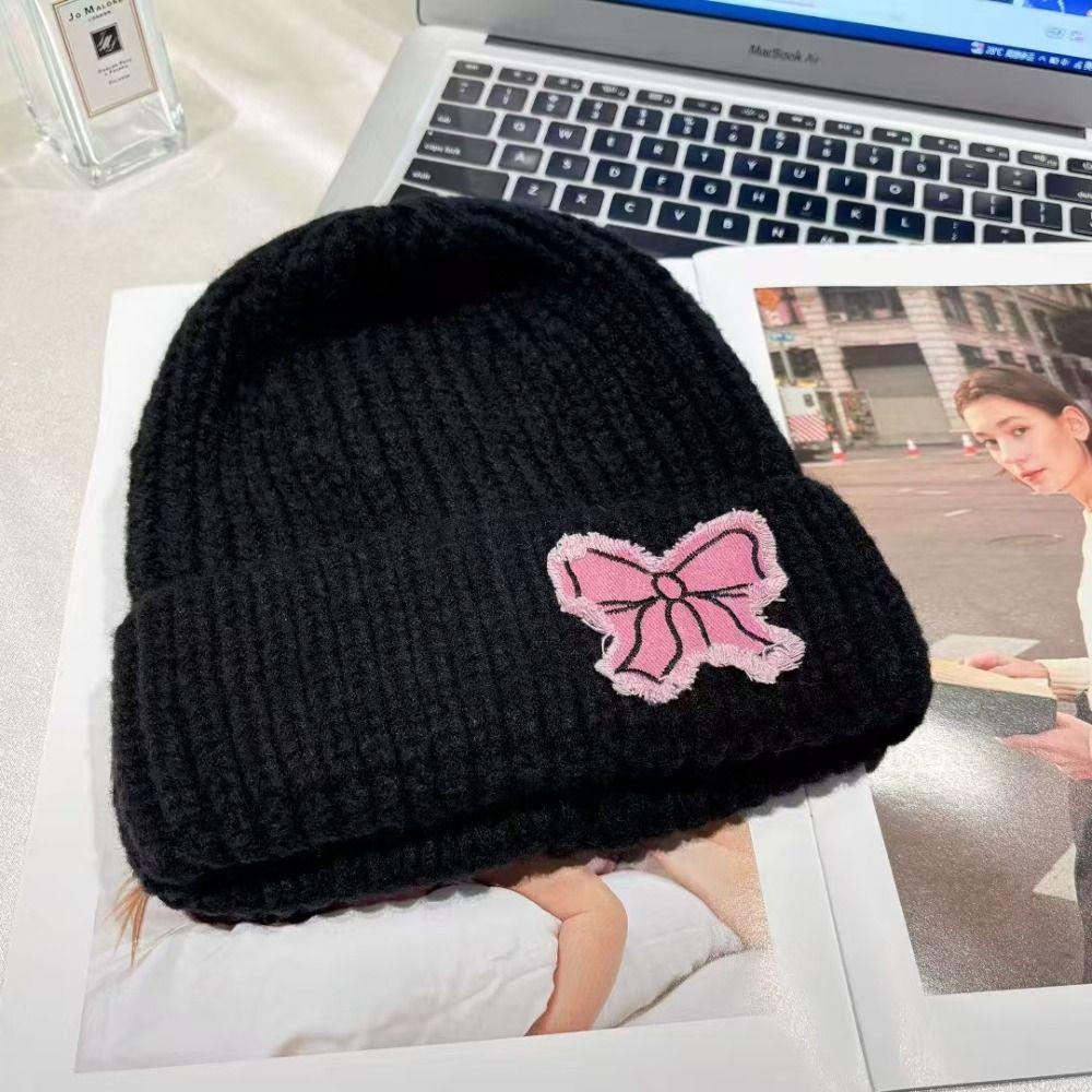 Lace Edge Bow Beanies Hat Solid Color Winter  Knitted Cap Sweet Bow Knitted Pullover Hat  Outdoor