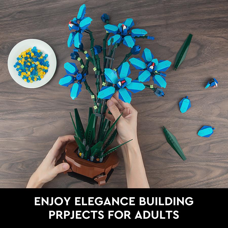 1097PCS Blue Orchid Potted Building Blocks MOC Bricks Toys DIY Plastic Bonsai Artificial Flowers for Home Decor Gift Set