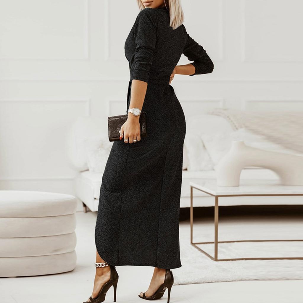 Women's Color Sexy V-Neck Dress Dress Long Sleeve Slit Waist Dress