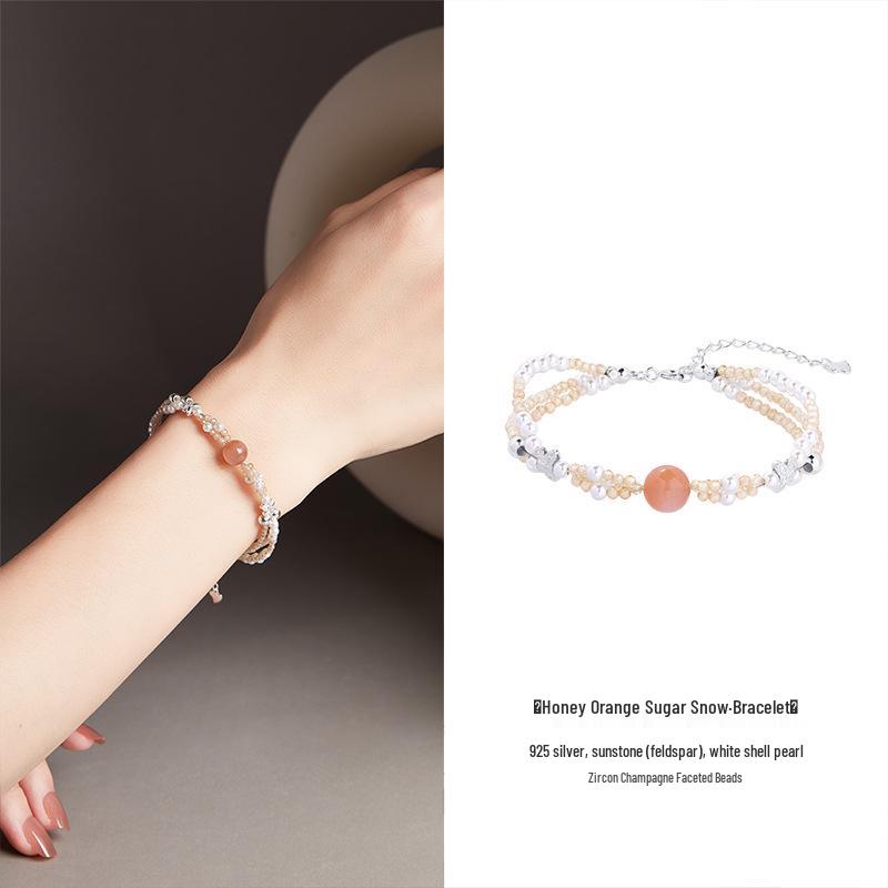 

S925 Sterling Silver Butterfly & Sunstone Beaded Bracelet with Shell Pearl - Elegant High-End Gift for Women 925 Silver