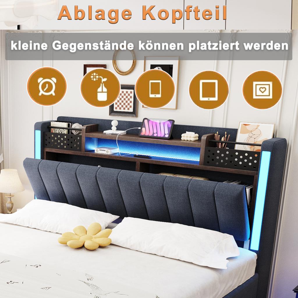 Upholstered Bed 140*200 with LED Lighting and USB Socket, Headboard with Storage Space, Floating Bed Youth Bed Adult Bed, Linen Fabric, Grey
