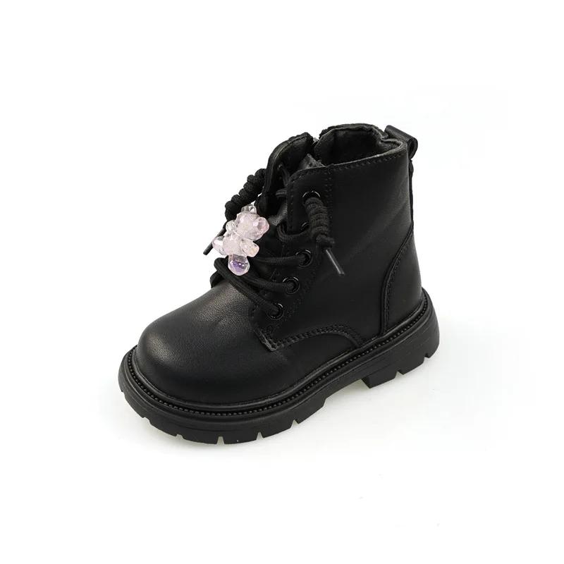 Cute Fashion Girl's Ankle Boot New Black Versatile Children Causal School Leather Boots Cartoon Bear Trend Kids Boots Non-slip