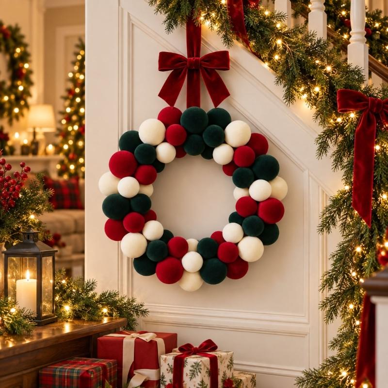 Mixed-Size Flocking Ball Christmas Wreath with a Soft-Finish Look, Rounded Holiday Decoration for Balconies, Entryways and Party Backdrops