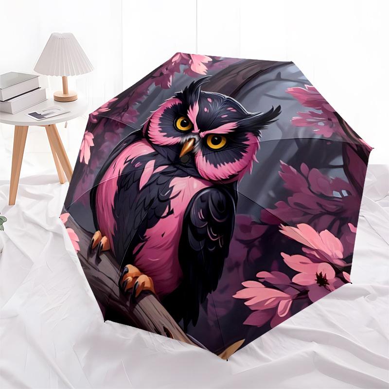 1pc Owl Forest Pink Automatic Open/Close Umbrella, Compact Travel Umbrella, 8-Rib Sturdy Frame - Ideal Gift for Friends Yy251118012