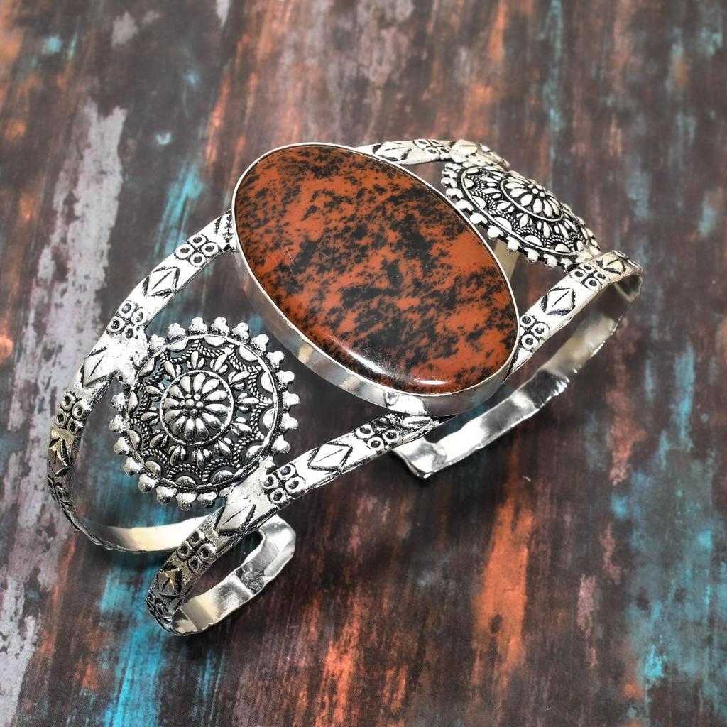 Mahagoni-Obsidian-Edelstein, 925er-Sterlingsilber, handgefertigt, erstaunlicher Schmuck, verstellbarer Armreif