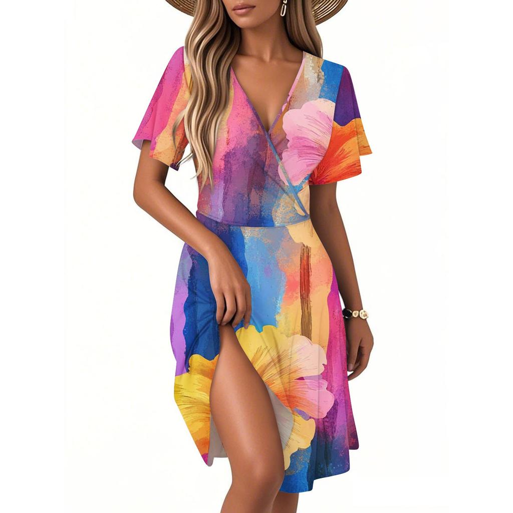 Kvinners Casual Mote Kjole Vintage Blomstermønstret Blomster Kort Erm V-hals Kjole