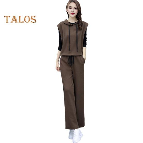 

Женский комплект из 3 предметов: жилет, топ и брюки, капюшон, завязка на завязку, без рукавов, толстовка с длинным рукавом, топ с круглым вырезом, эластичный пояс, широкие брюки, повседневный комплект для ежедневных поездок на работу M кофейный