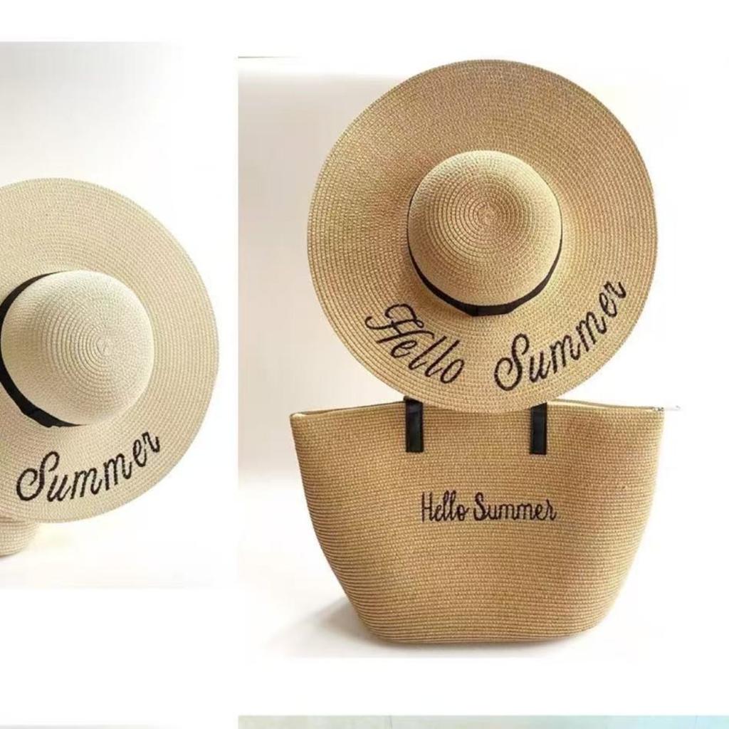 Straw Tote Bag & Wide Brim Sun Hat 2-Piece Set, Beach Bag and UV Protection Straw Hat Combo for Women, for Vacation & Travel