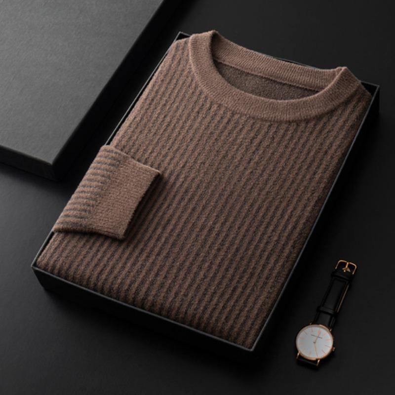 Rundhals-Pullover für Herren, neuer Trend zu lockeren Oberteilen, gestreiftes Jacquard-Strick-Bottom-Hemd für Herren im Herbst und Winter