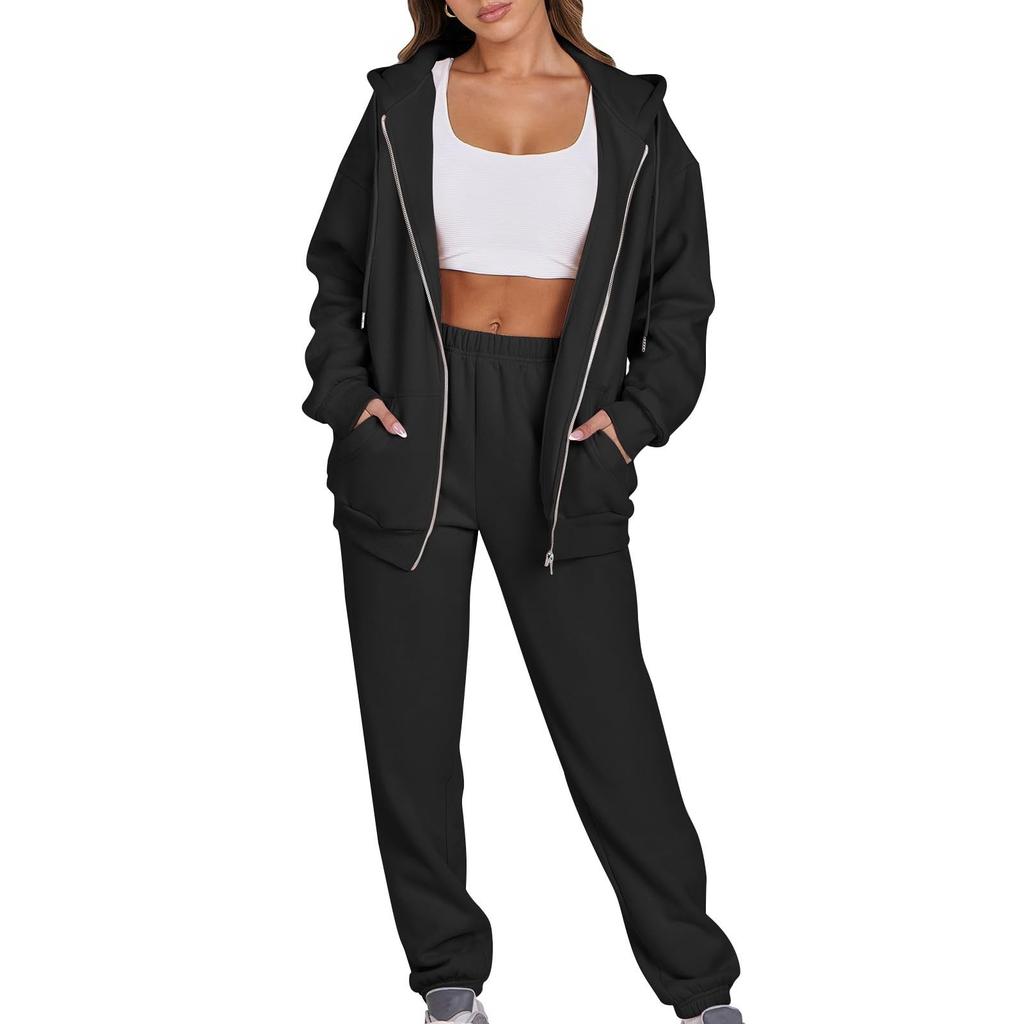 Women's Fashion Hooded Long Sleeve Solid Color Zipper Elastic Waist Loose Sweatshirt Set