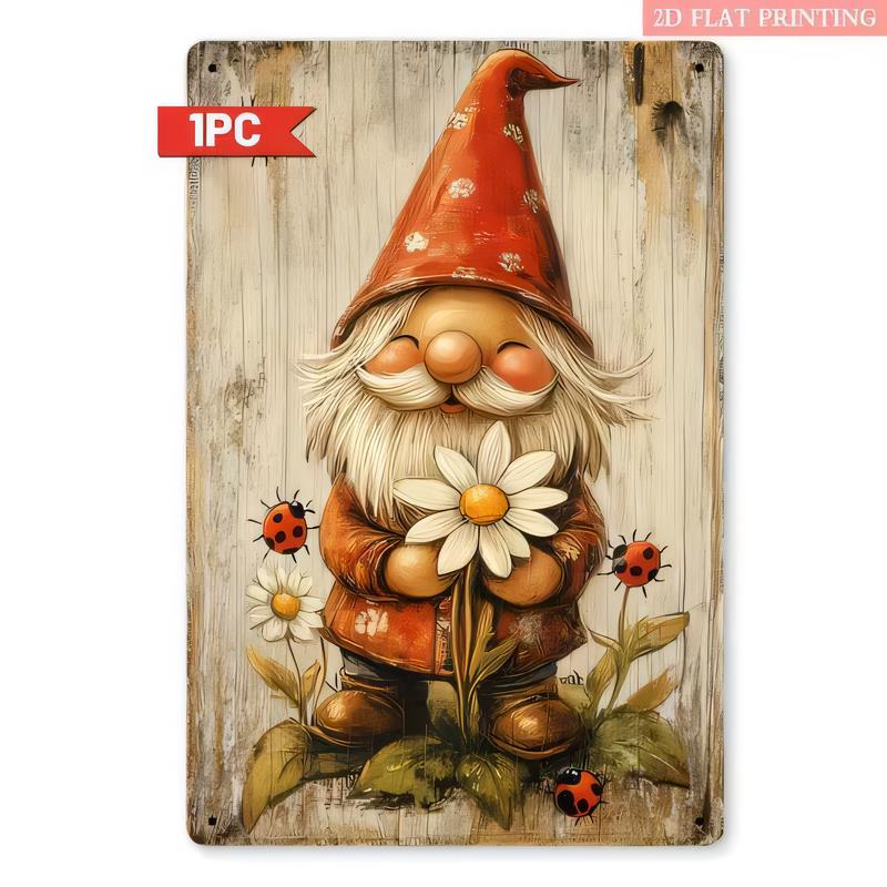 Tin Sign Gnome Garden Decor Cute Gnome Holding Flower Vintage Rustic Metal Wall Plaque Printing for Home Bar Pub Man Cave Cotta