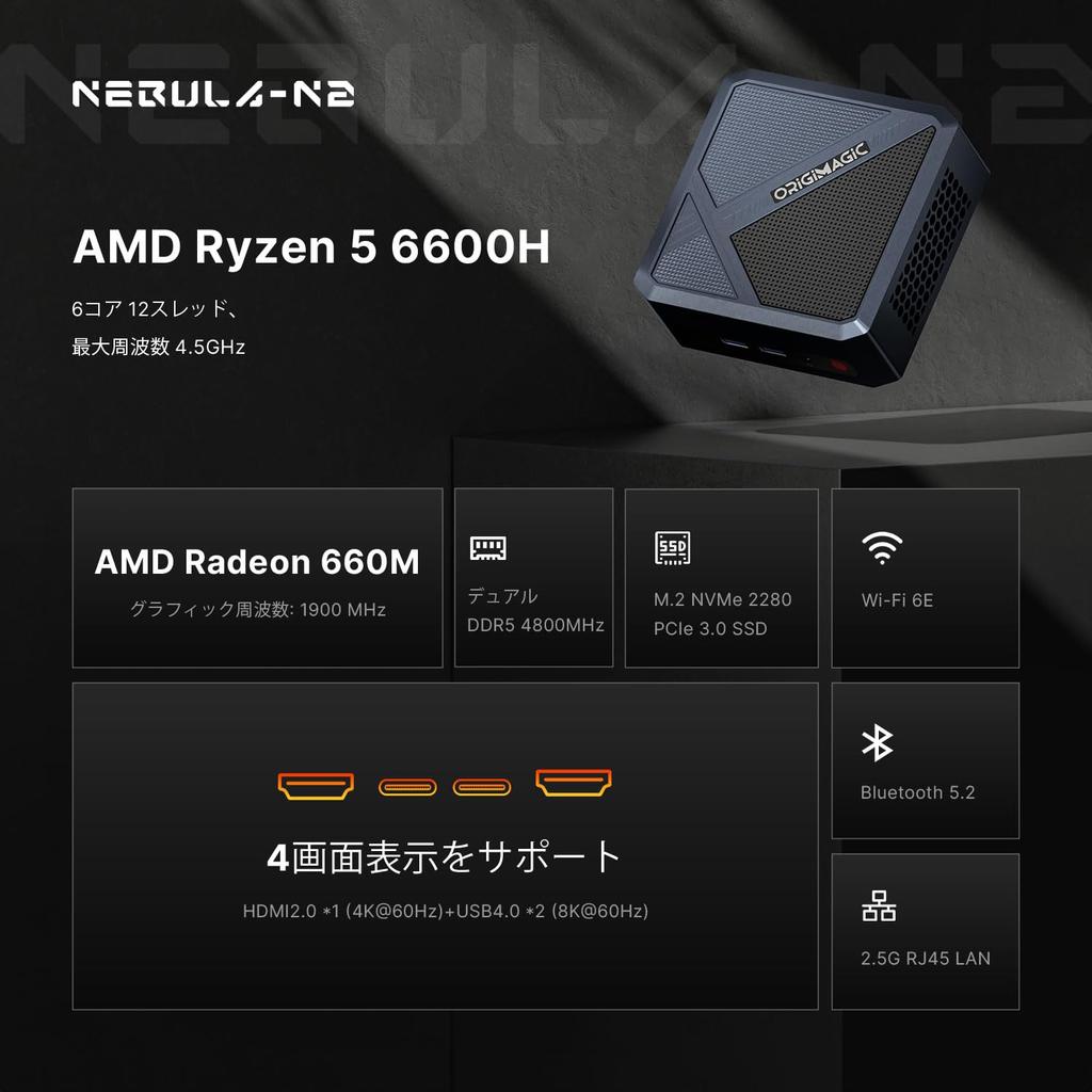 ORIGIMAGIC N2 Mini PC Ryzne 5 6600H Up To 32GB DDR5 512GB NVMe SSD OS 11 Pro Mini Pc Dual USB Dual HDMI WIFI BT 4 Screen Gaming Mini Computer (6C/12T,