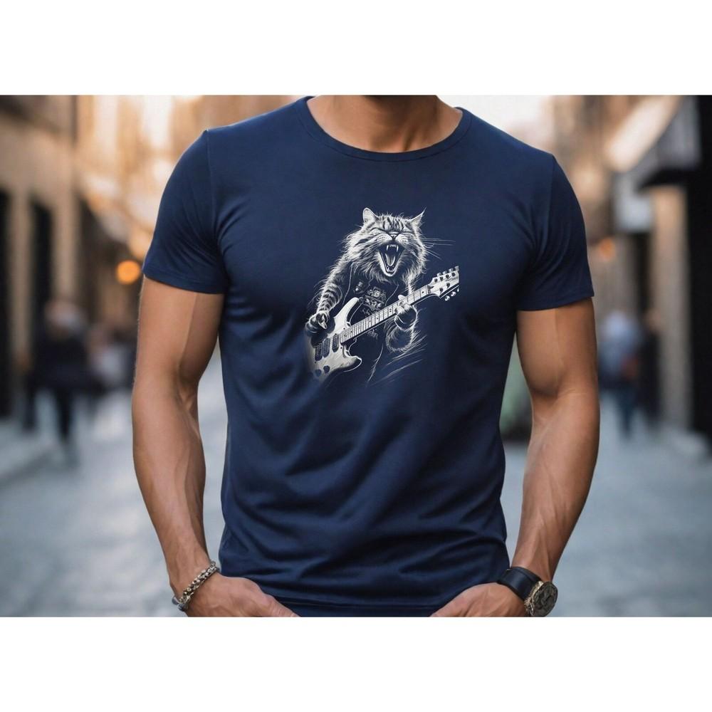 26 Mens Cat T-Shirt, Cat Guitar Shirt, Rock Cat TShirt, Guitar Gift Navy Tee Unisex T-Shirt L