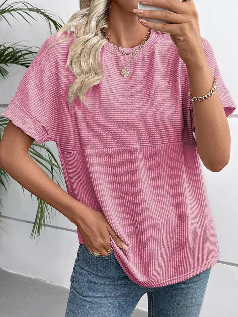 2026 European & American Women's Summer Casual Solid Color Round Neck Short Sleeve Loose T-shirt