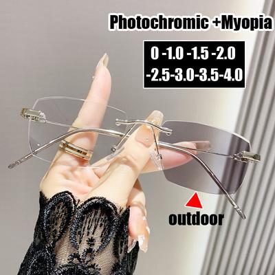 Photochromic Near Sight Sun Glasses with Diopter Unisex Blue Light Blocking Myopia Finished Ladies Rimless Shortsighted Eyewear