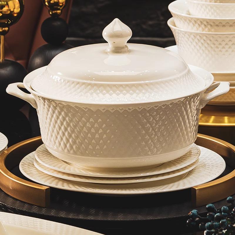 Pure White Bone China Irregular Embossed Floral Anti-scalding Tableware Set