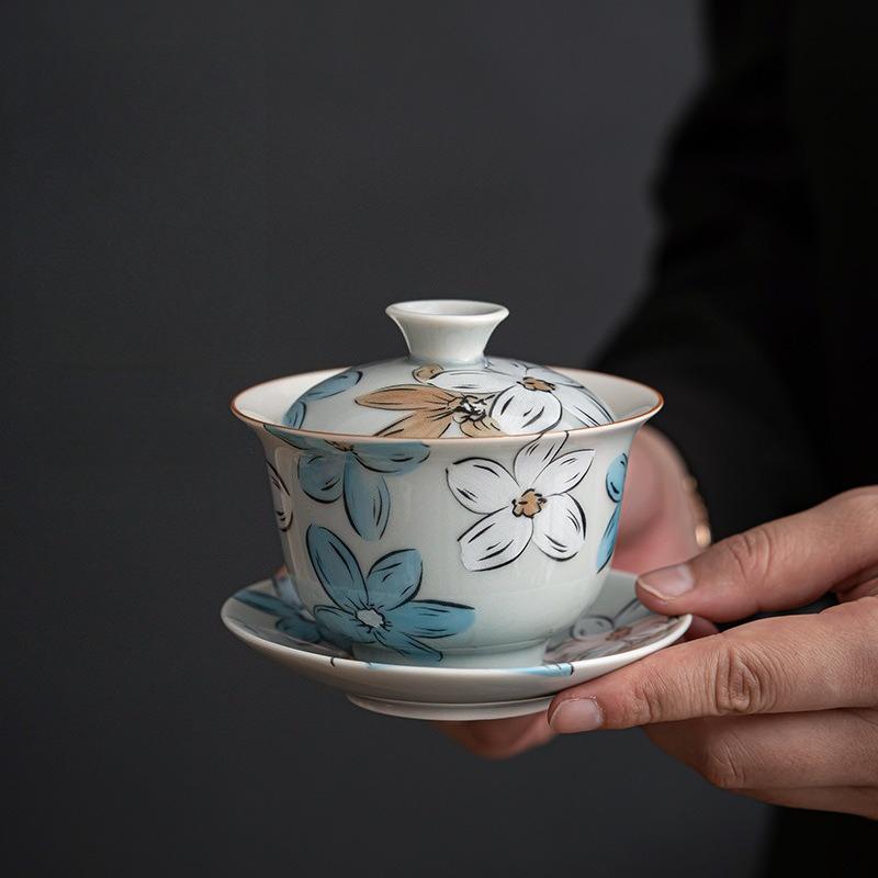 Ice Grey Underglaze Tureen Sancai Hand-painted Floral Tea Bowl Japanese Cherry Blossom Ceramic Gaiwan Chinese Kung Fu Teaware