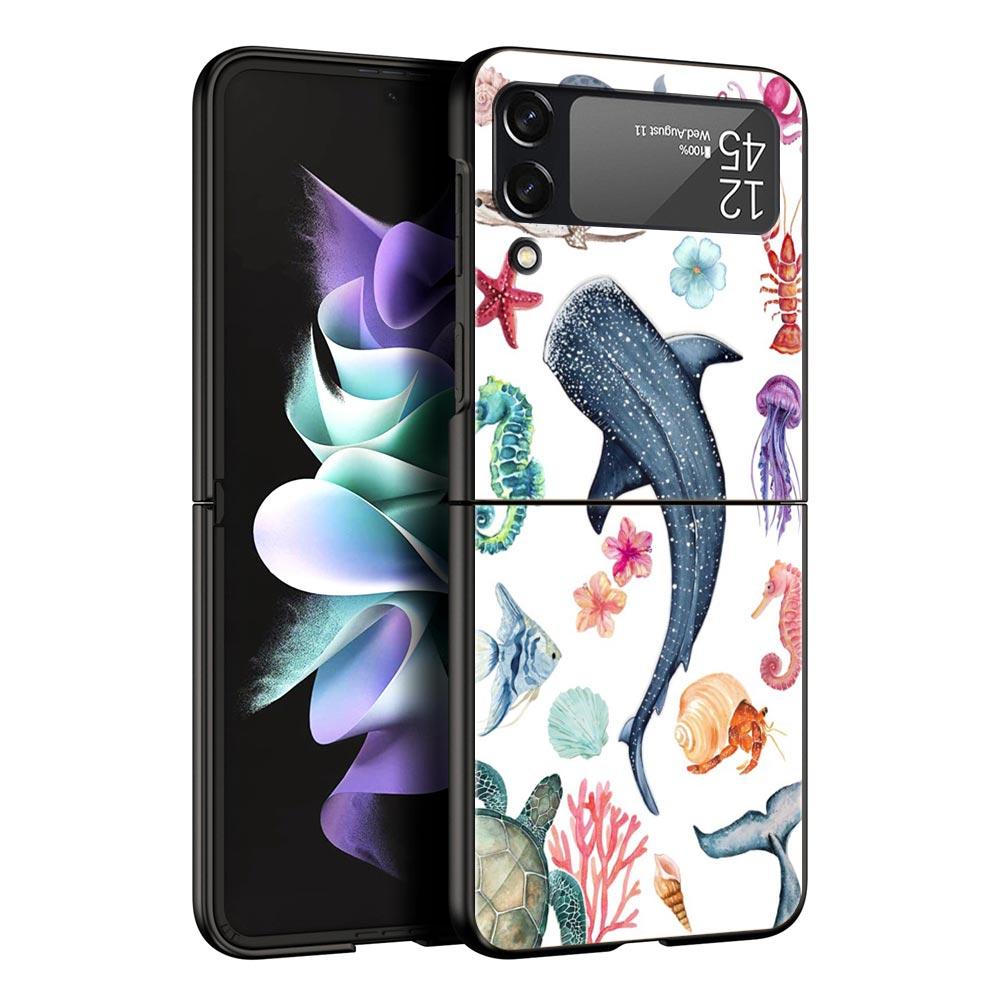 Phone Case for Samsung Galaxy Z Flip 3 4 5 6 7 Folding Black Shell For Samsung Z Flip4 Flip5 PC Hard Cover Ocean Life Theme