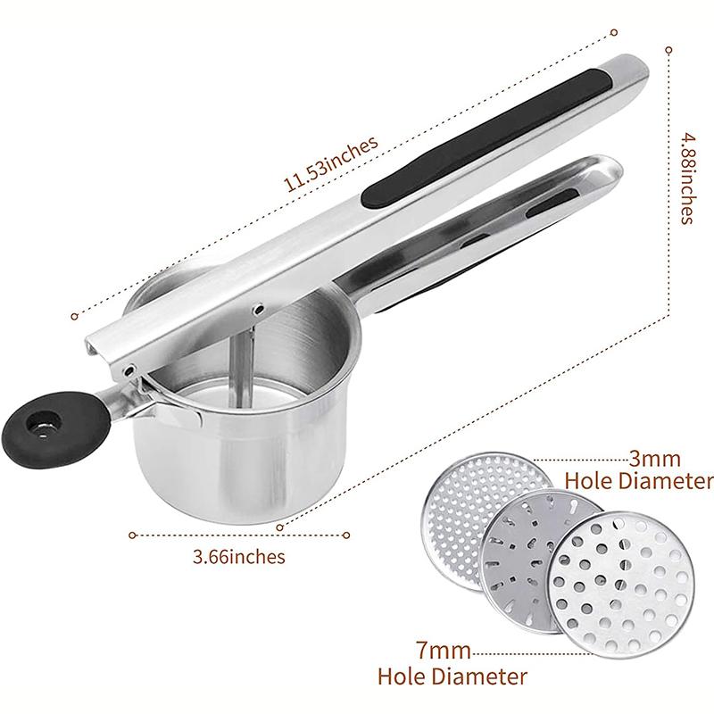 Potato Masher Stainless Steel with 3 Interchangeable Fineness Discs Spaetzle Maker Creates Smooth Creamy Mashed Potato