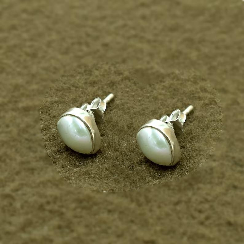 White Pearl Pear Gemstone Stud, Solid 925 Sterling Silver stud, Gift For her, Gemstone Stud, Anniversary Gift, Silver Jewelry