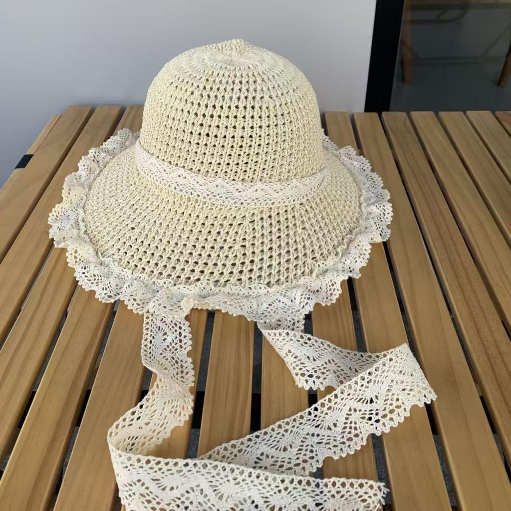 Rural Style, Tied with Ribbons, Sun Hat, Women's, Summer Seaside, Beach Vacation Style, Hollowed Out Large Brim, Sun Hat