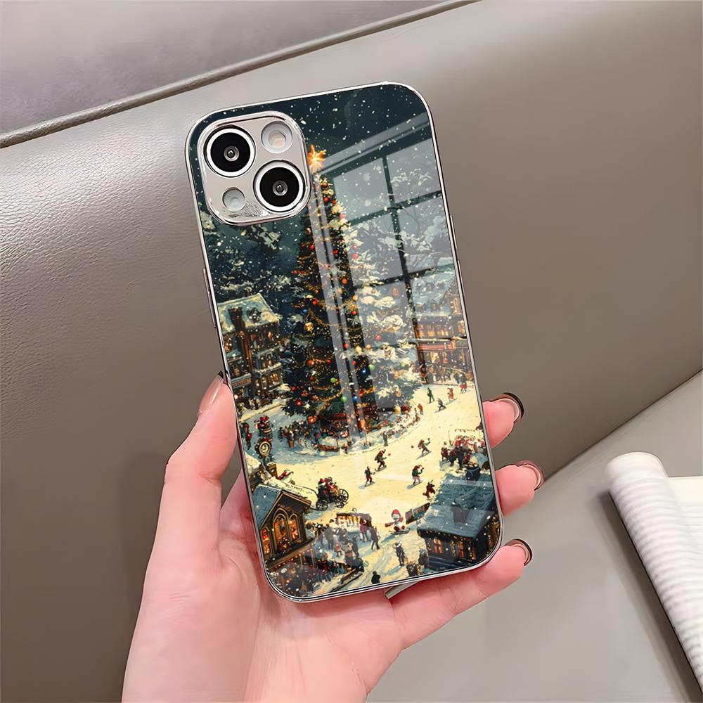 Чехол для телефона 'Рождественская елка' для IPhone 17 Pro Max 15 Pro 16 14 Plus 12 13 Mini 11 Pro Ударопрочный гальванизированный стеклянный чехол