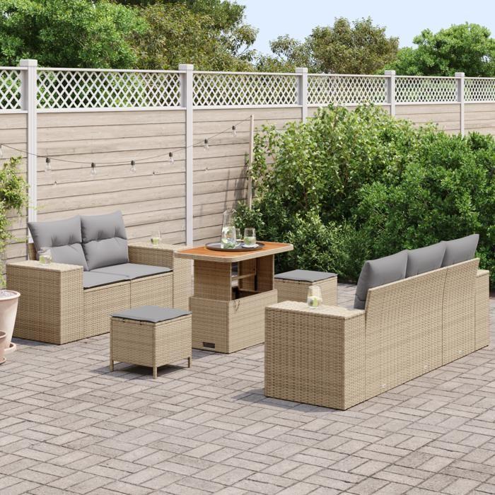 Ensemble de canapés de jardin 8 pièces avec coussins beige poly rattan acacia, Ensemble de salle à manger de jardin 3 pièces 3361952