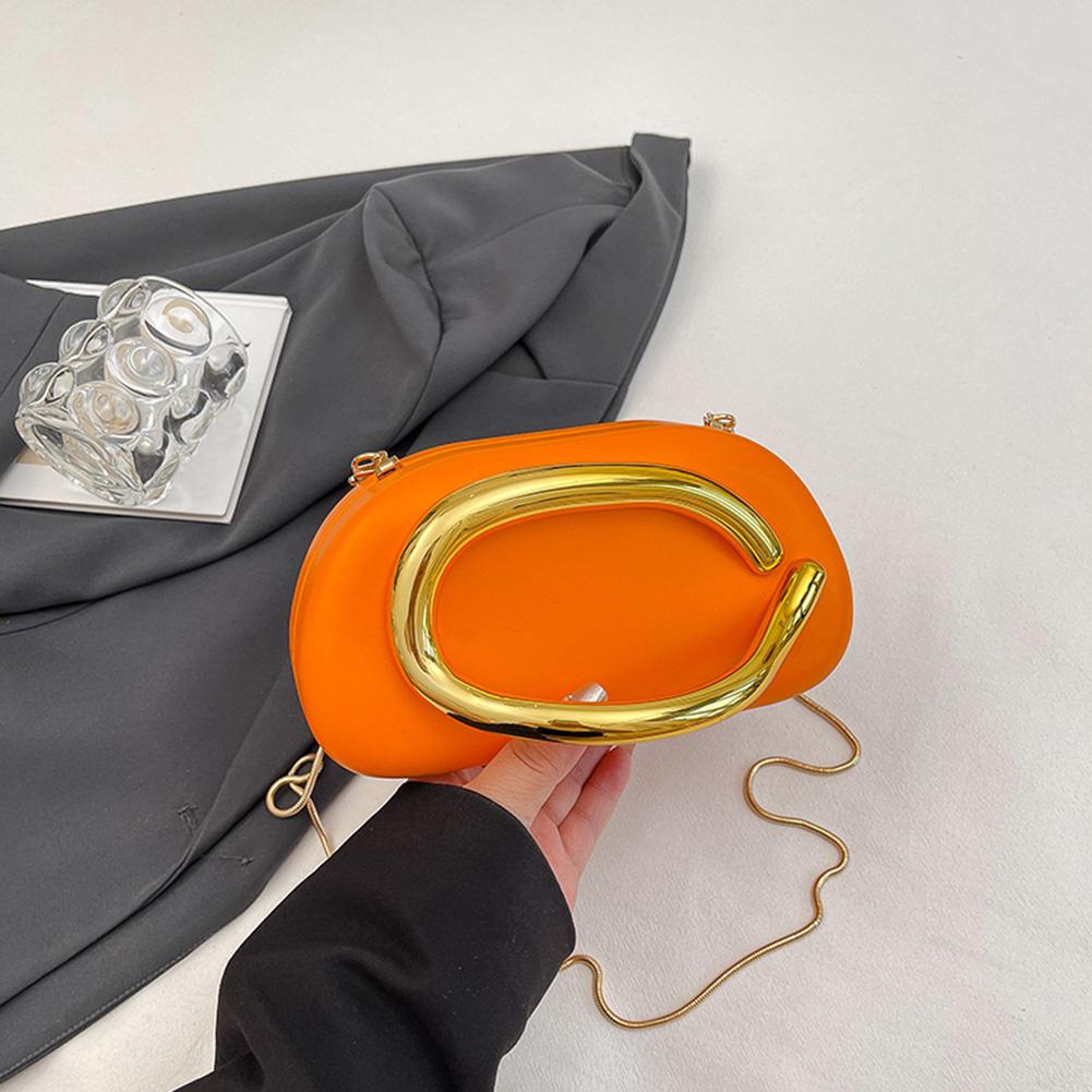 Women PU Leather Metal Handle Handbag with Chain Metal Decoration Evening Bag Hand-held Shoulder Clutch Bag for Evening Dinner