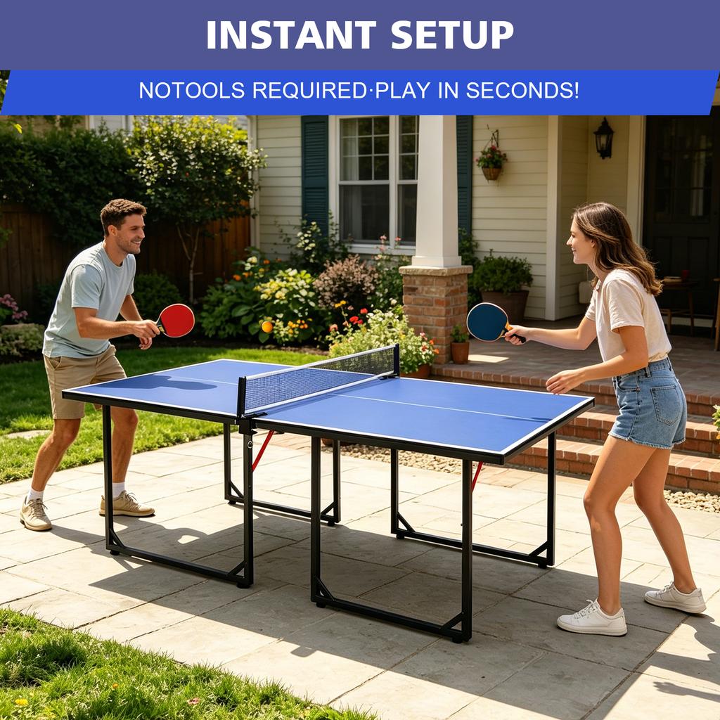 6 Fuß Mittlere Tischtennisplatte, Klappbare & Tragbare Ping-Pong-Tischgarnitur für Indoor- & Outdoor-Spiele mit Netz, 2 Tischtennis-Schlägern und 3 Bällen