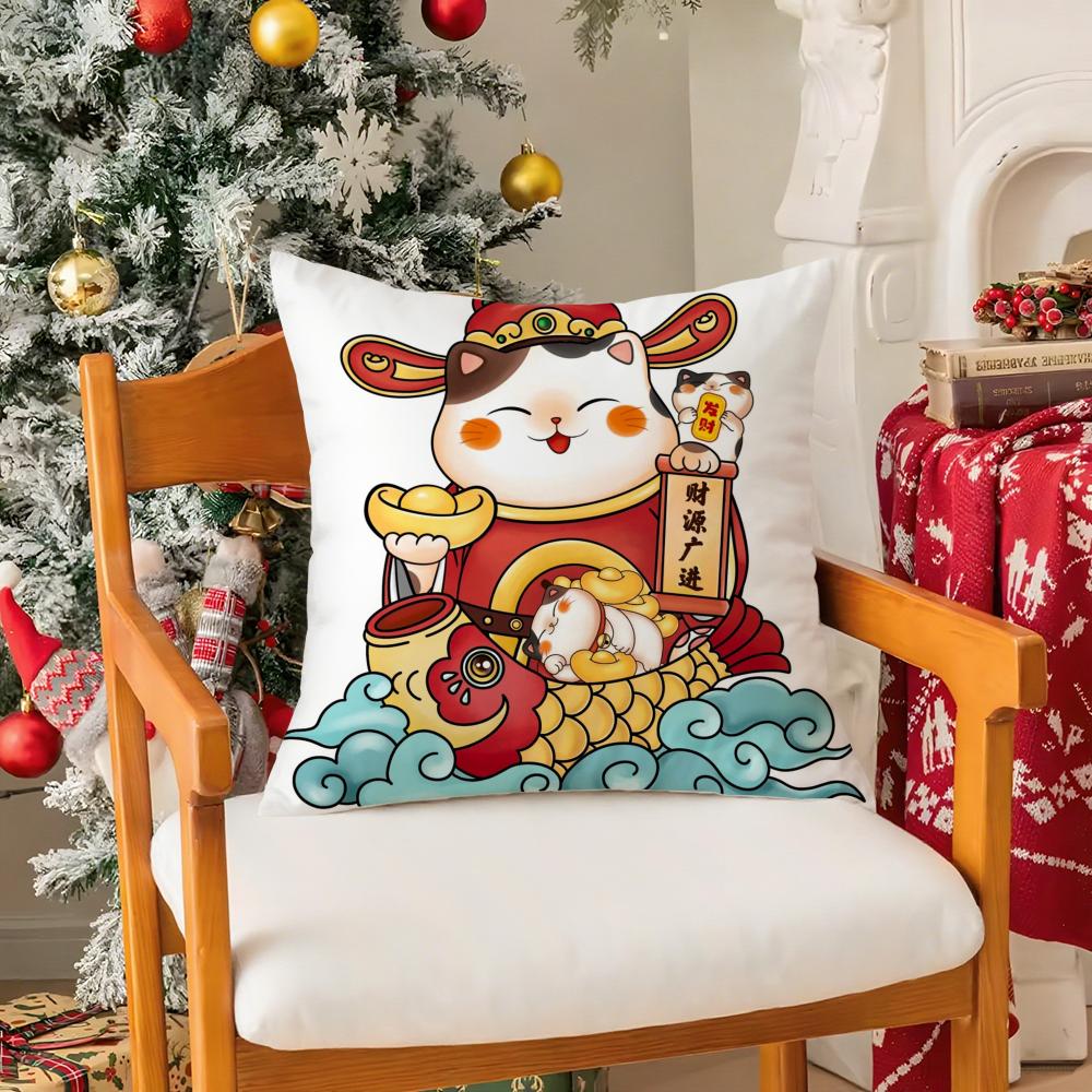 Cute Cartoon Festive Lucky Cat Pillow Case Silky Short Plush With Invisible Zipper Dustproof Sofa Cushion Cover