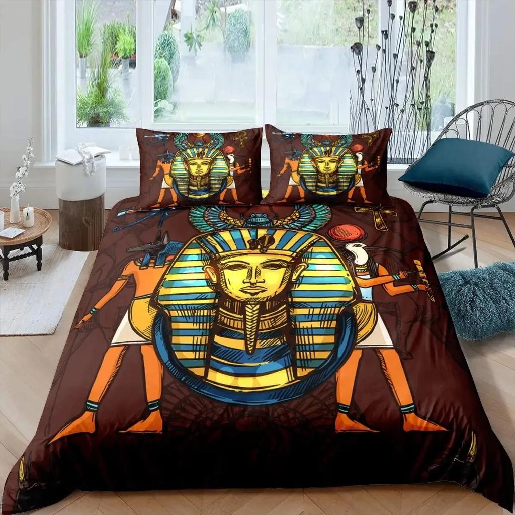 3D Ancient Egypt Tribe Duvet Cover Set,Pharaoh Bedding Sets,Egyptian Pyramids Exotic Style Comforter Cover Set Full Queen Size