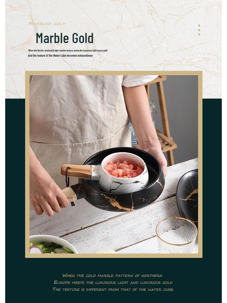 Nordische Minimalistische Keramikschüssel mit Marmormuster und Holzgriff