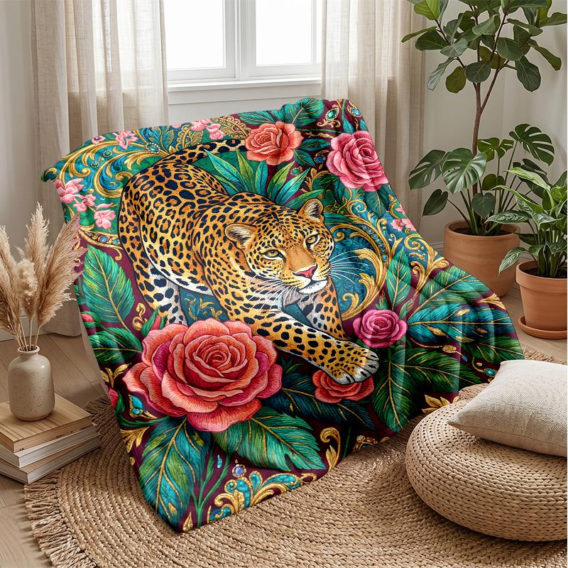 Leopard Roses and Bows Theme Blanket Lightweight Warm Flannel Blanket Decorative Throw Blanket for Home Decoration