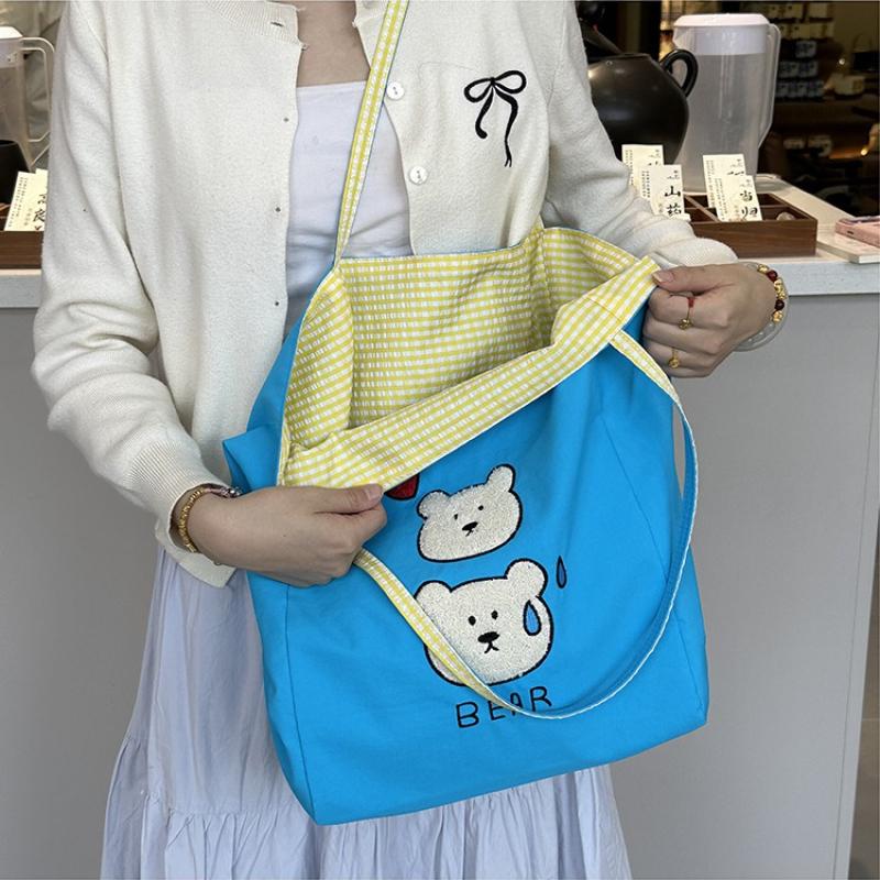 Niedliche Cartoon-Stickerei Schultertaschen für Damen Große Kapazität Schülerinnen Handtaschen Tote Lässig Kariert Weibliche Einkaufstasche