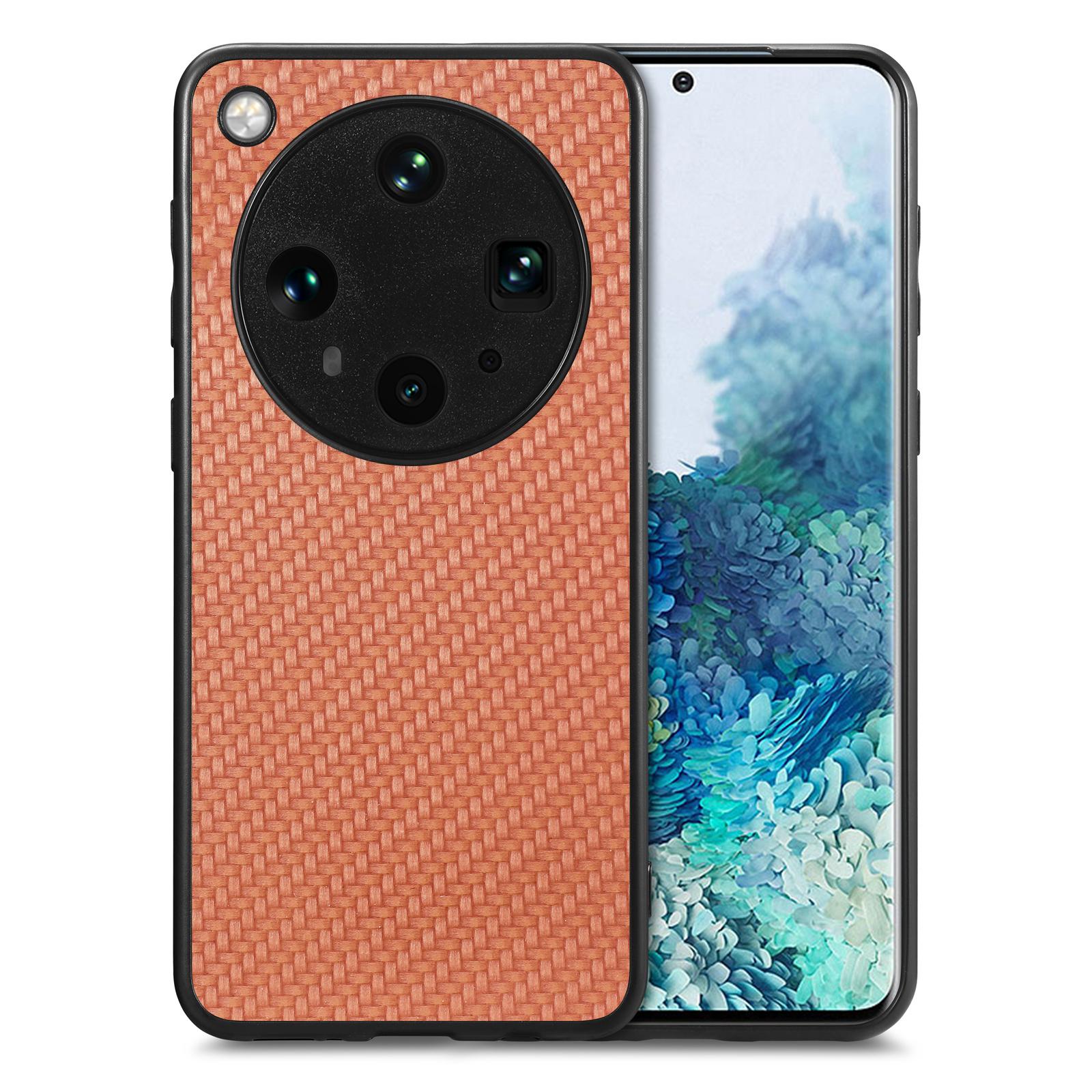 

For Oppo Find X8 Ultra 5G Case Carbon Fiber Texture PU+PC+TPU Phone Back Cover Brown