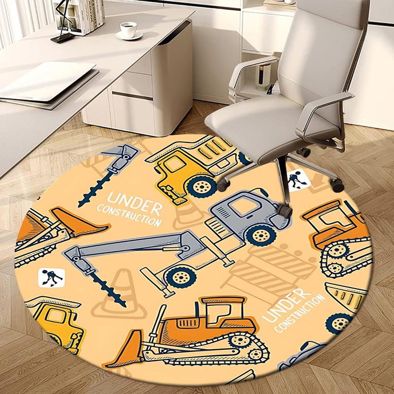1PC Construction Vehicles Non-Slip Floor Round Carpet, Office, Family, Bedroom, Large Area Rug Indoor Rugs,  Durable Polyester-Z0409