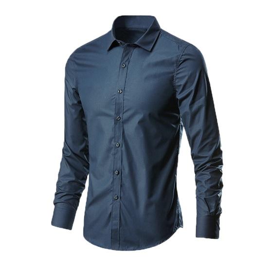 Men Shirt Turn-down Collar Long Sleeve Single-breasted Solid Color Stretchy Slim Fit Soft Plus
