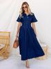 Elegantes A-Linien-Denimkleid mit Taillenschnürung – Damen Kurzarm, Weiter Saum