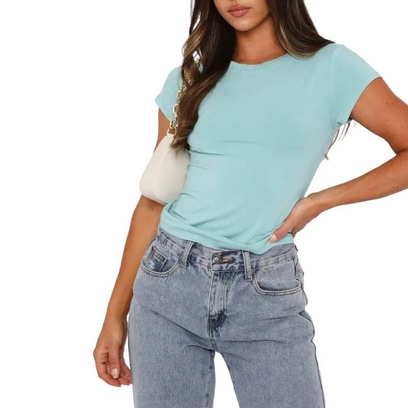 Letní tričko s krátkým rukávem, slim fit, ležérní, dámské topy, módní, jednobarevné, elegantní dámská trička, streetwear, s kulatým výstřihem, základní tričko 30423