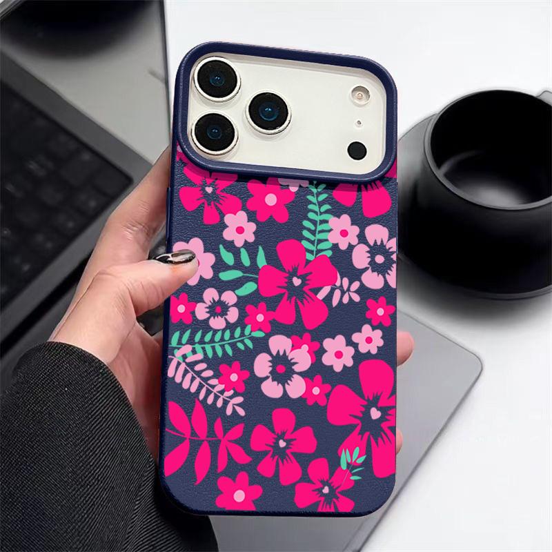 Vibrant Magenta Floral Design Flexible & Durable Shockproof Soft TPU Leather Texture Cover Case for iPhone 17 Pro Max Air 16e 16 15 14 13