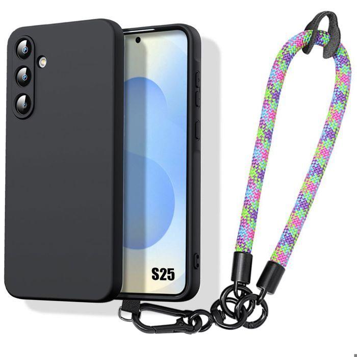 Coque pour samsung galaxy s25, protection silicone noir avec bracelet multicolore amovible